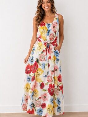 R&K Floral Tie-Waist Maxi Dress White with Red, Yellow & Blue Flowers size 12